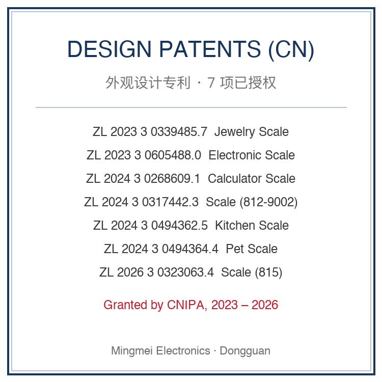 7 granted design patents 2023-2026